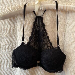 PINK - Black lace racerback, lined, underwire bra ~ 34B